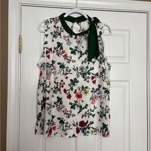 Ann Taylor Cream Floral Tie-Neck Blouse with Green Trim